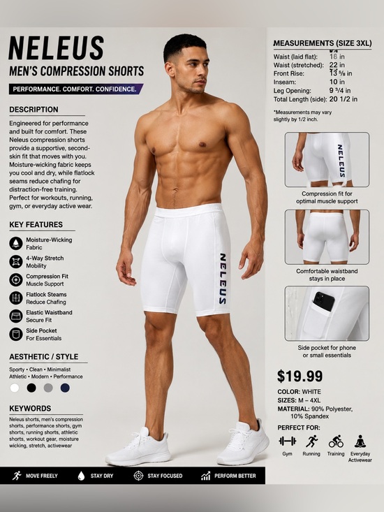 Neleus Other - White Neleus Men's Athletic Performance Shorts with Side Pocket